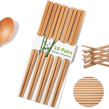 10 Pairs Natural Bamboo Chopsticks, 24cm Reusable Japanese Chinese Chop Stick