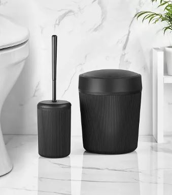 Black Bathroom Trash Can And Toilet Brush Set