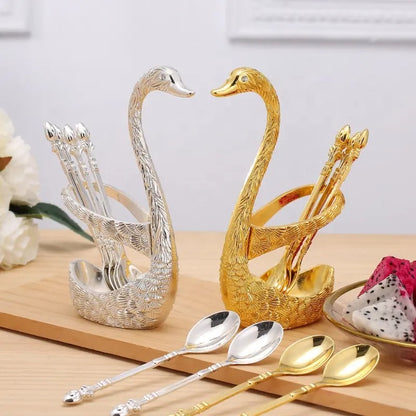 7pcs Dinnerware Set Decorative Swan Base Holder With 6 Spoons