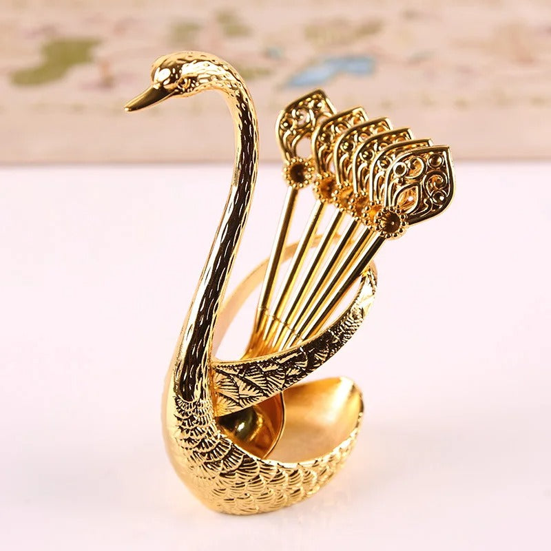 7pcs Dinnerware Set Decorative Swan Base Holder With 6 Spoons