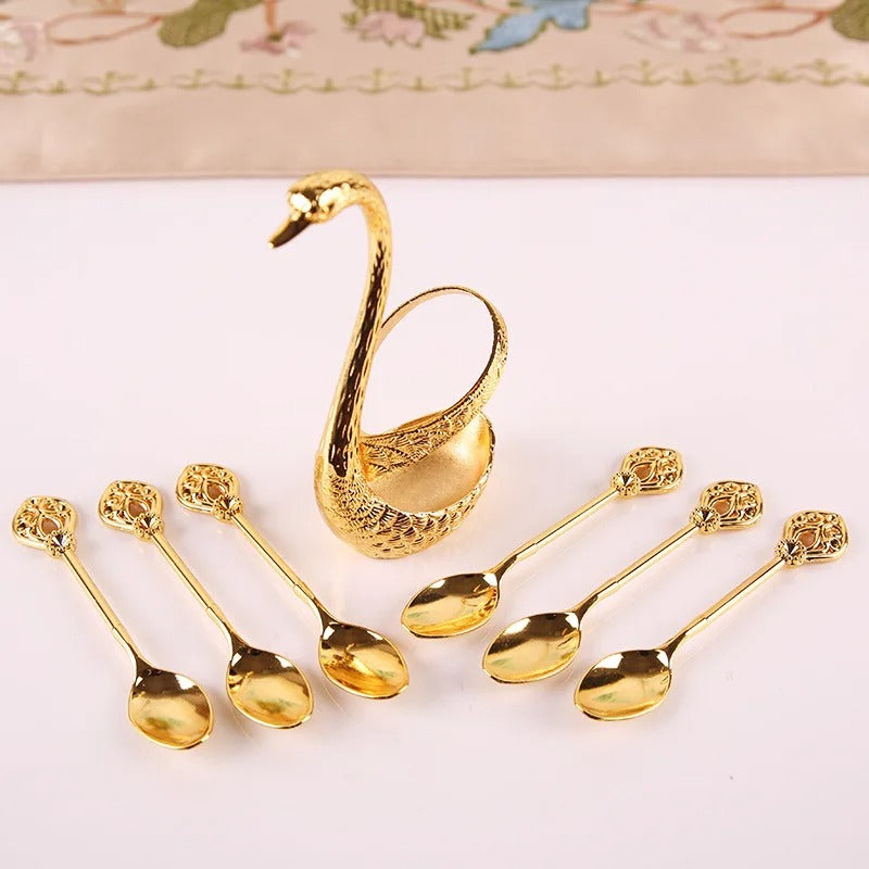 7pcs Dinnerware Set Decorative Swan Base Holder With 6 Spoons