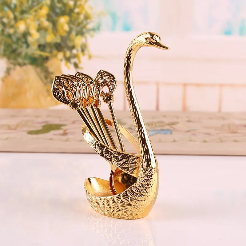 7pcs Dinnerware Set Decorative Swan Base Holder With 6 Spoons