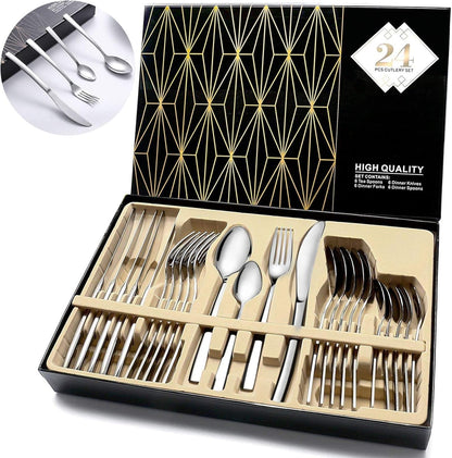 24-Piece Stainless Steel Flatware Silverware Set with Premium Gift box