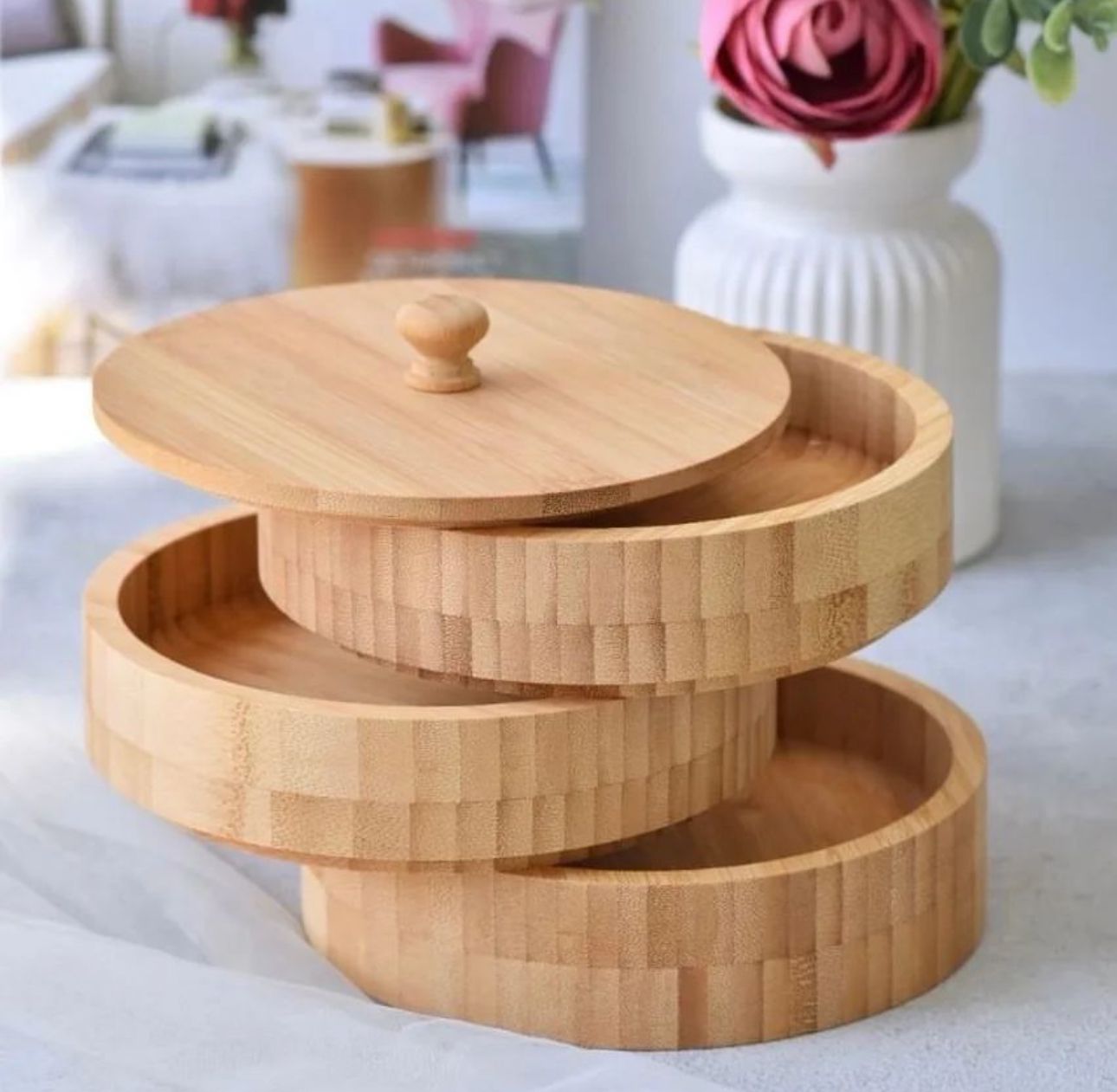 Round Bamboo Jar Salt and Spices Storage Container Spice Container 3-Tier