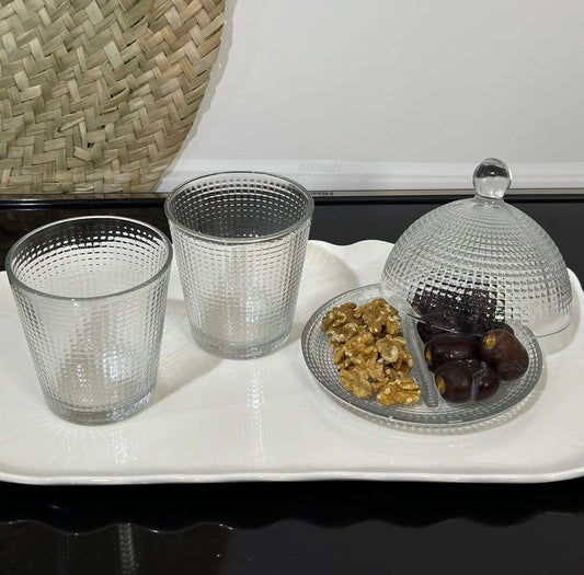 3pcs set Glass Serving Dessert plate with Lid and 2 cups