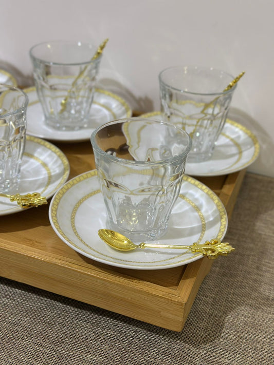 Glass Tea Cup (185ml) with Porcelain Plate & Gold Tea Spoon