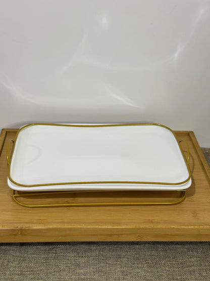 Rectangle Porcelain Serving Tray with Golden Iron Stand