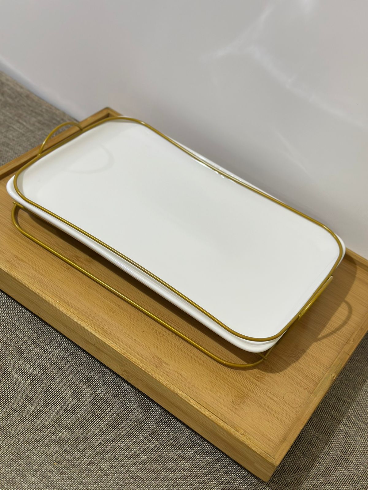 Rectangle Porcelain Serving Tray with Golden Iron Stand