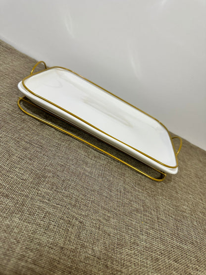 Rectangle Porcelain Serving Tray with Golden Iron Stand