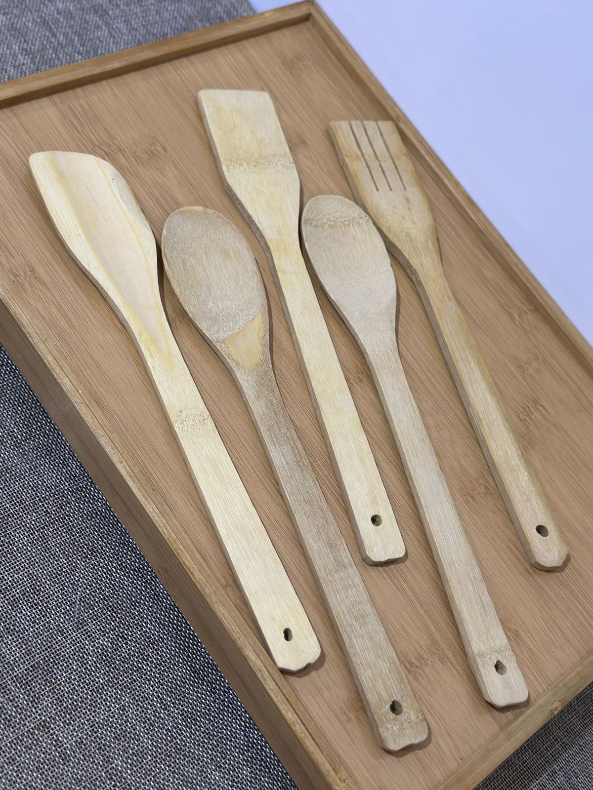 5-Piece Bamboo Wood Spatula Set with Porcelain Kitchen Holder