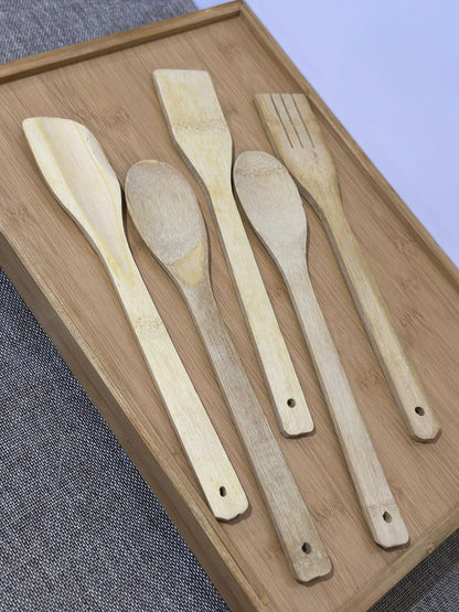 5-Piece Bamboo Wood Spatula Set with Porcelain Kitchen Holder