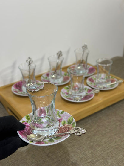 Glass Tea Cup (100ml) with Porcelain Plate & Silver Tea Spoon