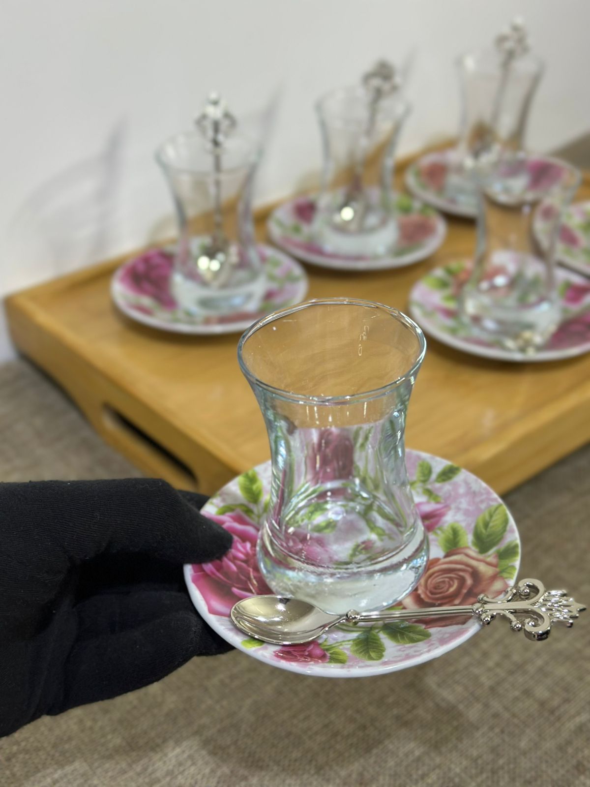 Glass Tea Cup (100ml) with Porcelain Plate & Silver Tea Spoon