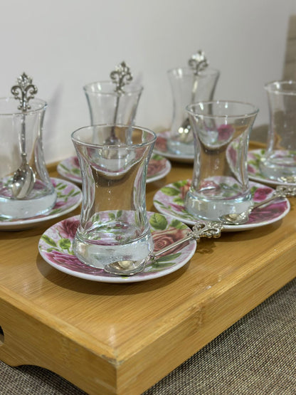 Glass Tea Cup (100ml) with Porcelain Plate & Silver Tea Spoon