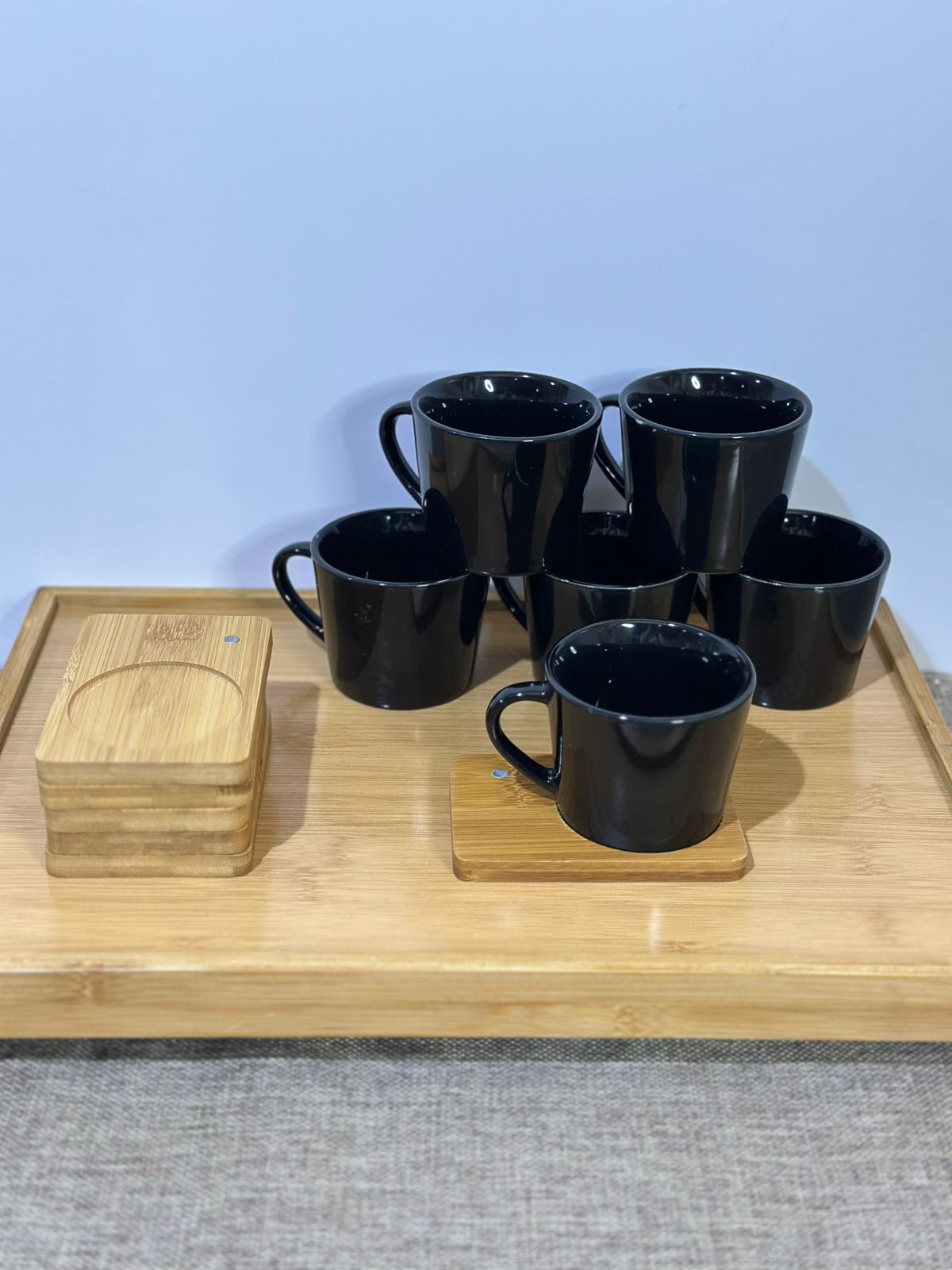 Black Porcelain Tea Cup (190ml) with Bamboo Wooden Plate