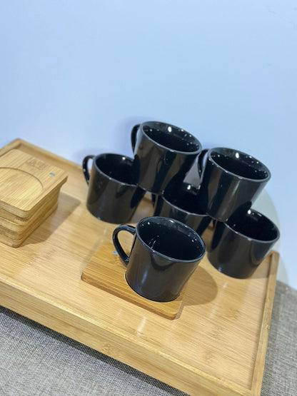 Black Porcelain Tea Cup (190ml) with Bamboo Wooden Plate