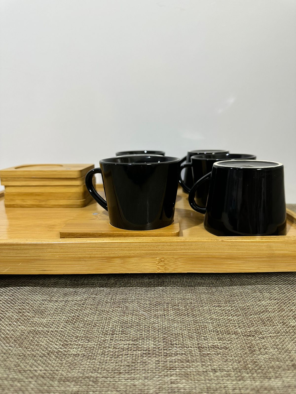 Black Porcelain Tea Cup (190ml) with Bamboo Wooden Plate