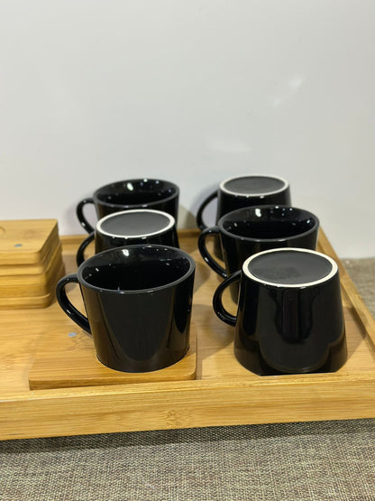 Black Porcelain Tea Cup (190ml) with Bamboo Wooden Plate