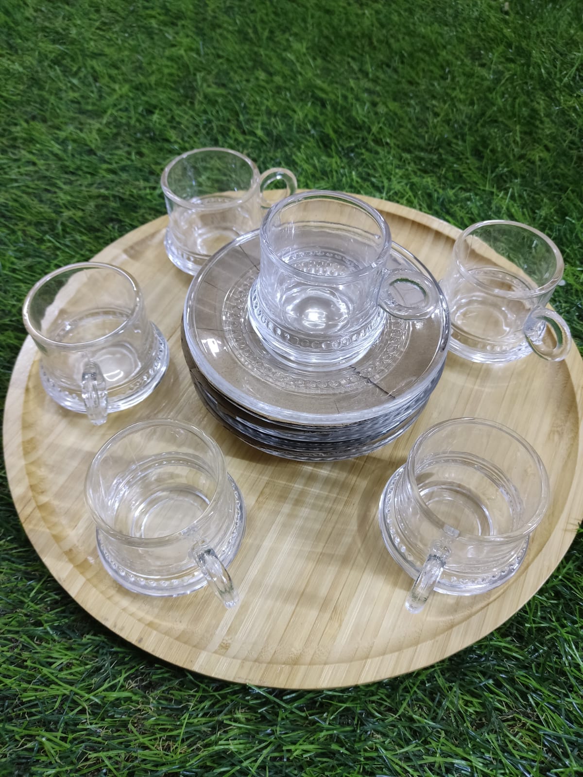 Elegant Glass Coffee Cup Set with Wooden Tray