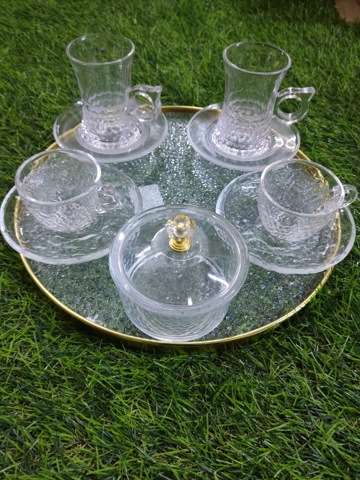 Elegant Glass Beverage Set with Serving Bowl and Tray