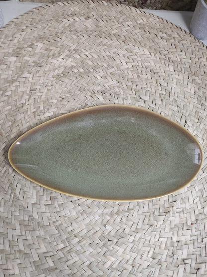 Large Oval Ceramic Plate with Greenish-Brown Gradient