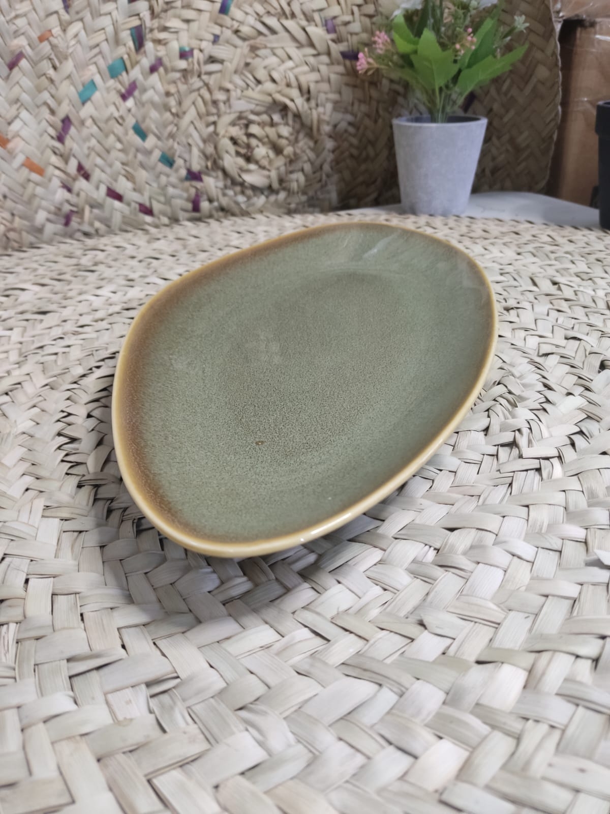 Large Oval Ceramic Plate with Greenish-Brown Gradient