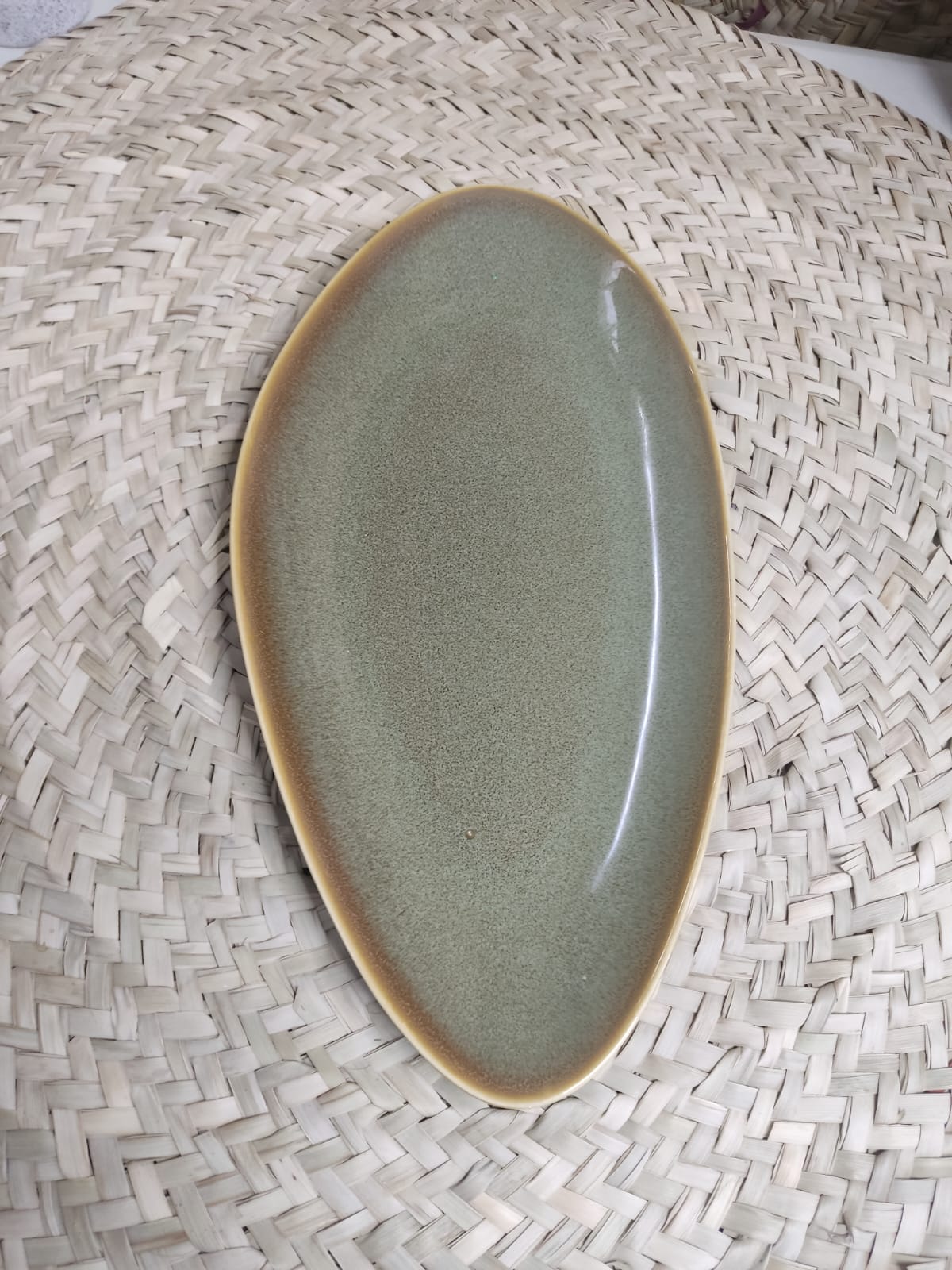 Large Oval Ceramic Plate with Greenish-Brown Gradient